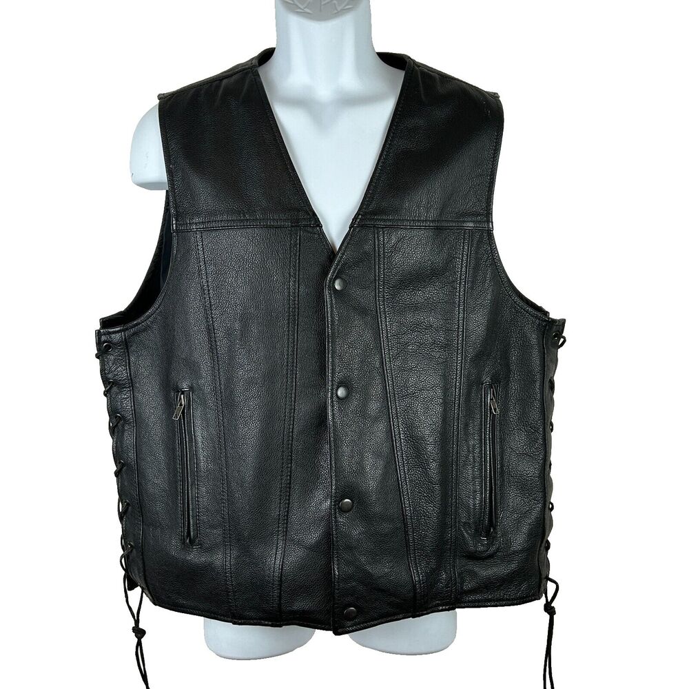 Mens First Classics Black Leather Snap Front Side Lace Motorcycle Vest Size XL